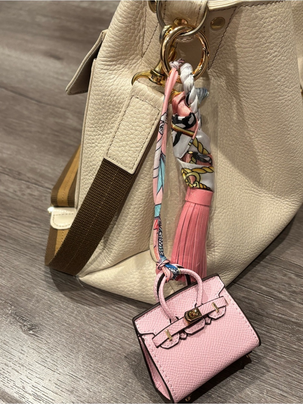 Mini Top Handle Handbag Charm Keychain with Scarf & Tassel – Light Pink